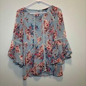 Sara Michelle Floral Bell Sleeve Blouse Size Small Blue Pink Boho Flowy Top